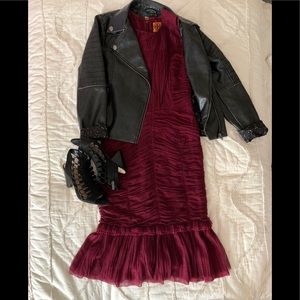 Burgundy Tory Burch Ruched Tulle Dress